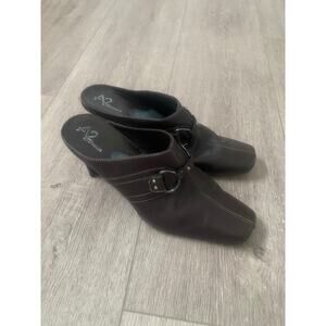 A2 by‎ Aerosoles Snapezoid Brown Leather Mule Slip On Square Toe Comfort Shoe 8